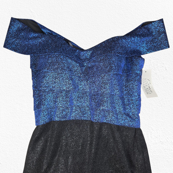 Rene Ruiz Collection Blue Black Off the Shoulder Tiered Ruffle Midi Dress Size 8 - Picture 3 of 13